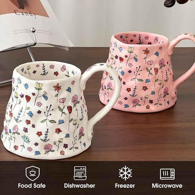 Large Ceramic Coffee Mug Pink Cute Flower with Big Handle, 20oz Girly Floral Tea Cup for Women Mothers Day Gifts, Novelty Irregular Oversized Mugs for Valentines Day - Image 4