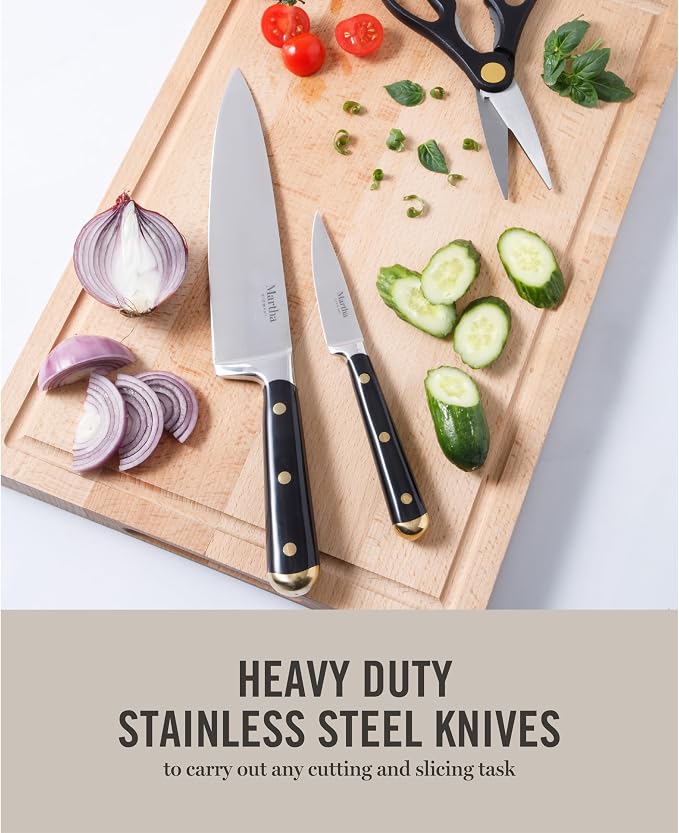 Martha Stewart 16-Piece Lockton High Carbon Stainless Steel Knife Block Set - Forged Full Tang Chef Knives, Acacia Wood Block, Triple Riveted Handles, Black & Gold - Image 4