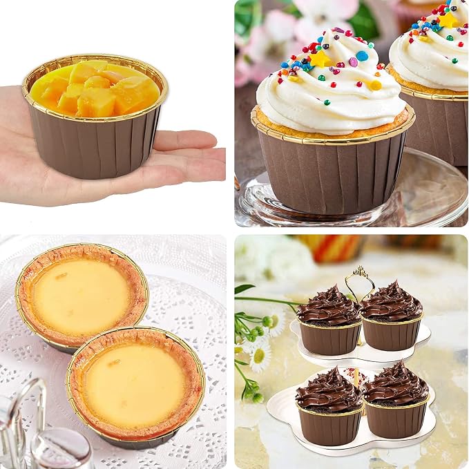 Foil Cupcake Liners With Dome Lids 100 Pack,LNYZQUS 5.5 Oz Muffin Cups Muffin Tins,Disposable Ramekins Cupcake Cups Wrappers Holders,Large Muffin Liners Baking Cups,with Spoons-Brown in Gold - Image 6