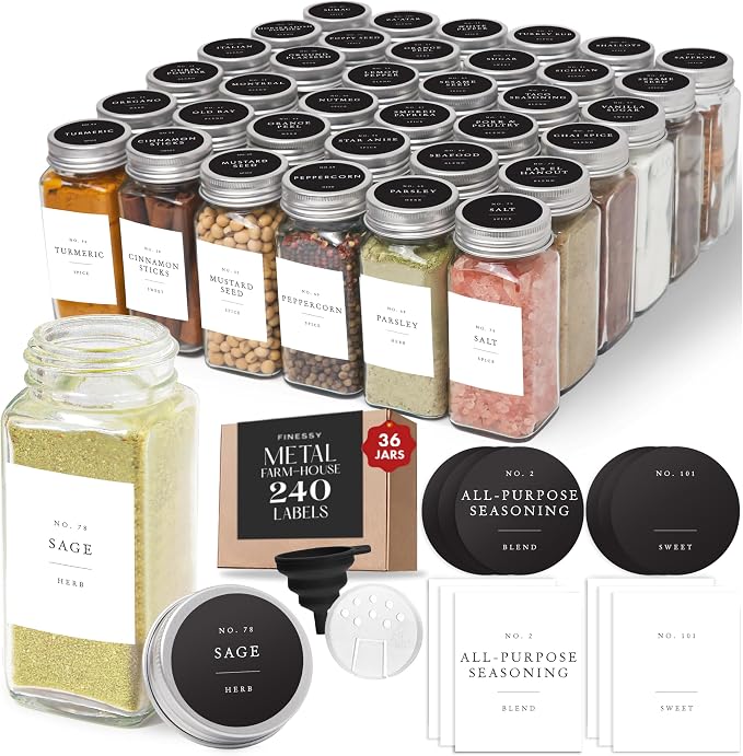 FINESSY Thick Glass Spice Jars With Metal Lids And Labels, 4oz 36 Pack | Empty Glass Spice Bottles With Airtight Metal Lids, Shaker Inserts, Waterproof Labels (200 Pre-Printed, 40 Blank) And Funnel by Finessy