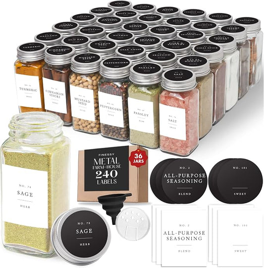 FINESSY Thick Glass Spice Jars With Metal Lids And Labels, 4oz 36 Pack | Empty Glass Spice Bottles With Airtight Metal Lids, Shaker Inserts, Waterproof Labels (200 Pre-Printed, 40 Blank) And Funnel by Finessy