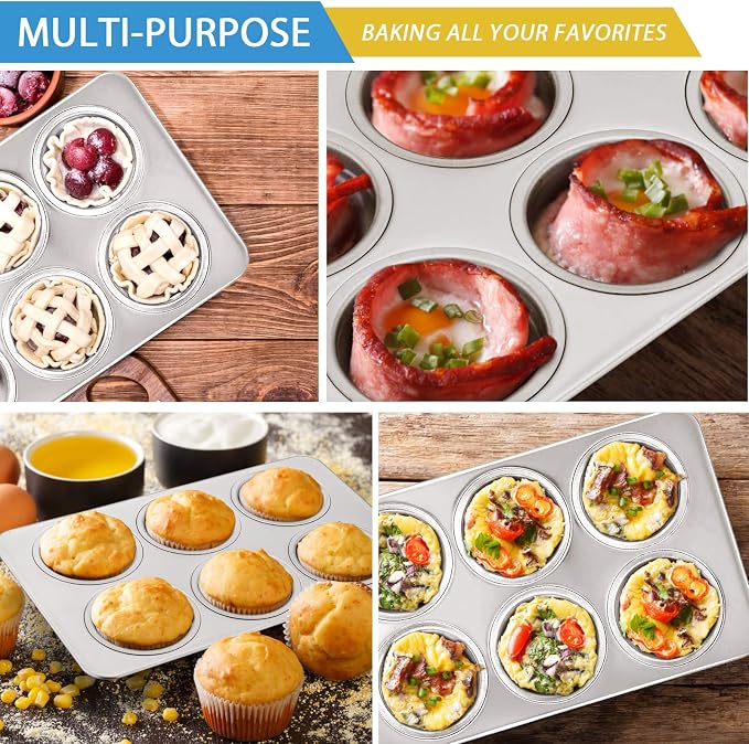 E-far Muffin Pan Set of 4, Stainless Steel Muffin Pan Tin for Baking, 6-Cup Metal Cupcake Pan Tray, Non-toxic & Healthy, Oven & Dishwasher Safe, Regular Size - 11.44 x 7.12 x 1.25 Inch - Image 6