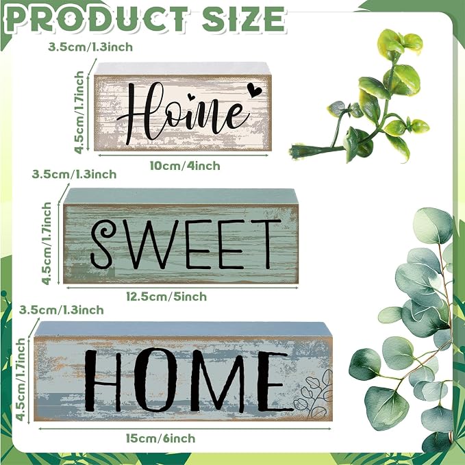 Moucuny 4 Pcs Farmhouse Wooden Table Decor Rustic Home Sweet Home Stacked Blocks Sign Decoration Farmhouse Eucalyptus Leaves Tiered Tray Decor for Kitchen Mental Shelf Coffee Bar - Image 3