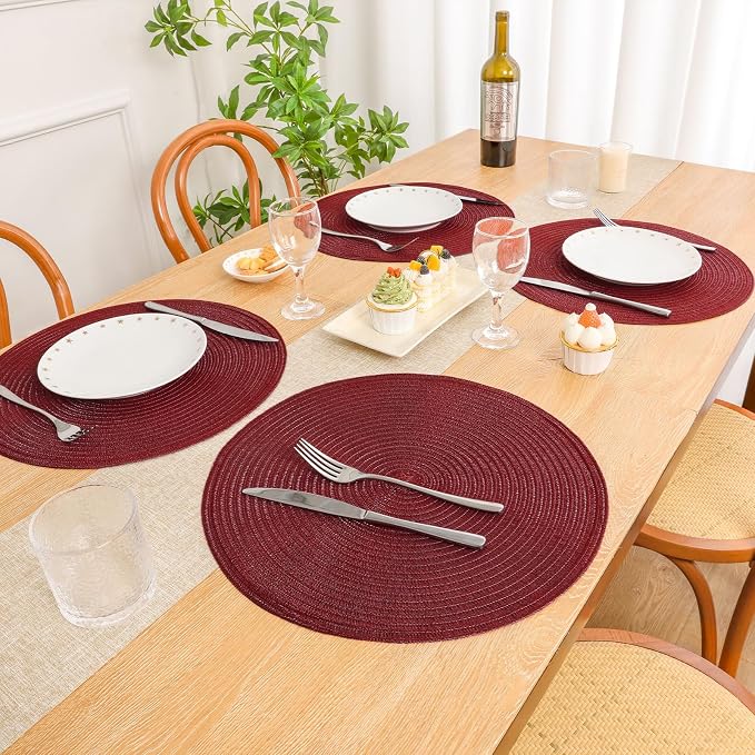SHACOS Round Placemats Set of 12 for Dining Table 15 inch Round Braided Place Mats Cotton Polyester Washable Non Slip Kitchen Table Mats, Burgundy - Image 7