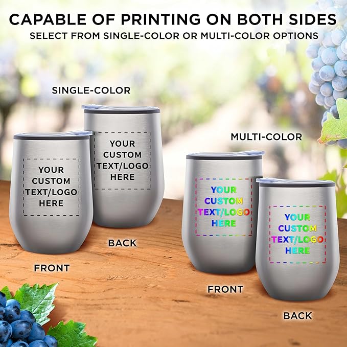 Custom Stemless Wine Tumblers 12 oz. Set of 12, Personalized Bulk Pack - Insulated, Perfect for Wine, Cocktails, Other Hot & Cold Beverages - Silver