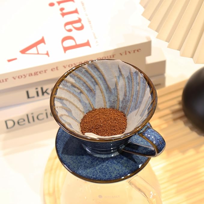 Ceramic Coffee Dripper includes 50 Filters 01 Pour Over Coffee Maker Porcelain V Hand Brewed Set Pottery Artisanal Drip Brew Barista Gift for 1-2 People Travel Camping Office Home