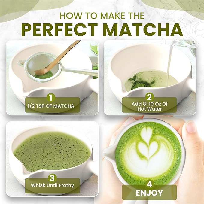HAPPY PATH & CO Matcha Whisk Set – 6 Pcs Matcha Tea Set Includes Bamboo Whisk(Chasen) with Holder, Bowl with Spout,Sifter,Scoop & Stand | White Matcha Making Kit - Perfect Matcha Set for Matcha Lovers