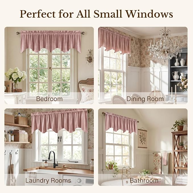 Dusty Rose Valance for Windows 52x18 Inch 1 Panel | Spring Decor, Elegant Wavy Mauve Kitchen Curtains, Soft Decorative Velvet Window Treatment for Girls Room, Bedroom, Bathroom - Image 6