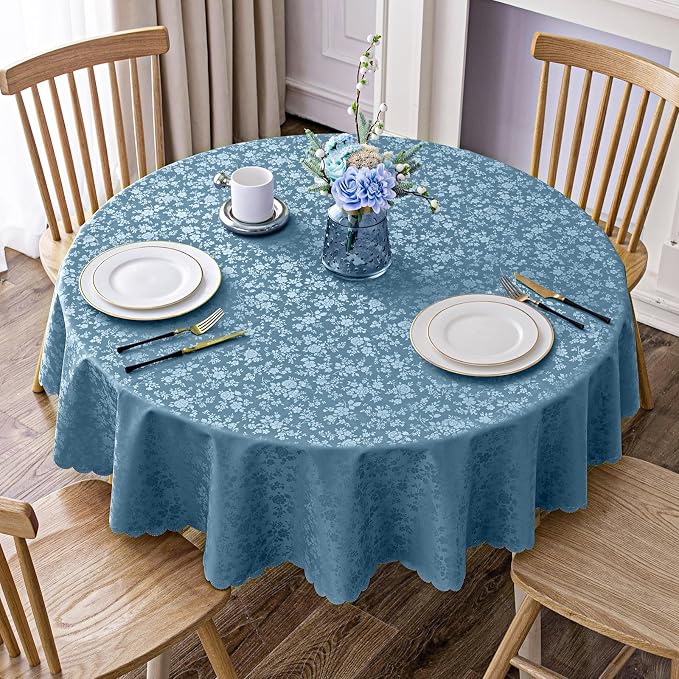 Smiry Round Waterproof Heavy Duty Vinyl Tablecloths, 60 x 60 Inch | Wipeable Washable Floral Embossed Table Cover for Kitchen and Dining Room, Indoor & Outdoor Use, Stone Blue by Smiry