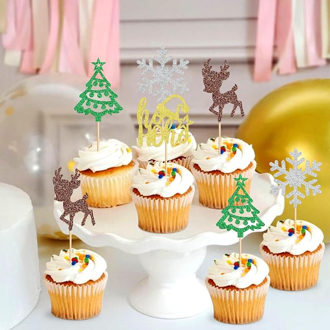 24 Pack Christmas Cupcake Toppers Xmas Tree Snowflake Cupcake Picks Christmas Eve Party Baby Shower Birthday Party Cake Decorations Supplies - Image 4