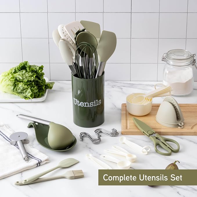COOK WITH COLOR Silicone Cooking Utensils, Kitchen Utensil Set, Easy to Clean Silicone Kitchen Utensils, Cooking Utensils for Nonstick Cookware, Kitchen Gadgets Set, 38 Piece, Green - Image 3