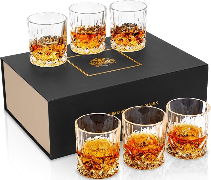 KANARS Whiskey Glasses Set of 6 with Elegant Gift Box for Liquor Scotch Rum | 10 Oz Premium Old Fashioned Crystal Glass Tumbler Bourbon Gifts for Birthday Thanksgiving Christmas Housewarming by KANARS