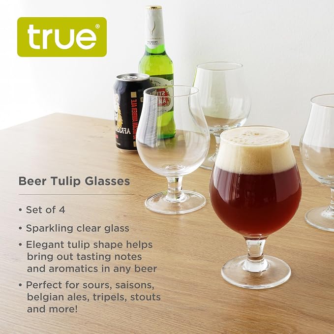 True Classic Tulip Beer Glasses, Sparkling Clear Drinking Glasses for Belgian Ales, Sours, IPA Beers, Cocktails, Gifts for Men, Game Night, Happy Hour, Home Bar, Elegant Glassware, 15 oz, Set of 4 - Image 2