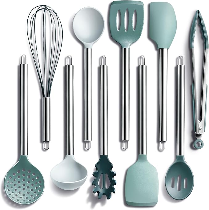 COOK WITH COLOR Silicone Cooking Utensils, Kitchen Utensil Set, Easy to Clean Silicone Kitchen Utensils, Cooking Utensils for Nonstick Cookware, Kitchen Gadgets Set, 10 Pieces, Teal by CookwithColor