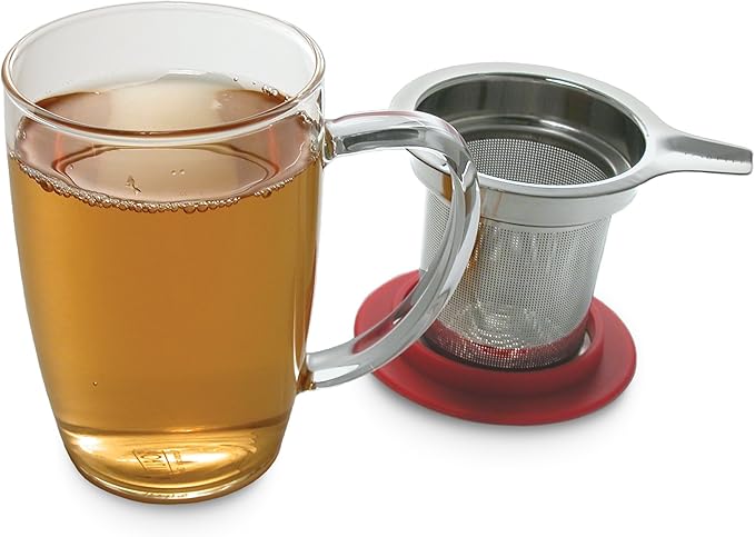 FORLIFE NewLeaf Glass Tea 16-Ounce Mug with Infuser and Lid, Red