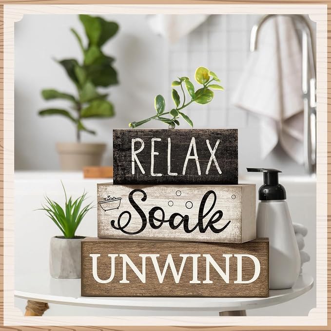 Moucuny 4 Pcs Bathroom Shelf Decor Sign Farmhouse Bathroom Decor and Accessories Rustic Eucalyptus Leaves Wood Block Sign Gift Relax Soak Unwind Farmhouse Table Centerpiece for Home Toilet - Image 5