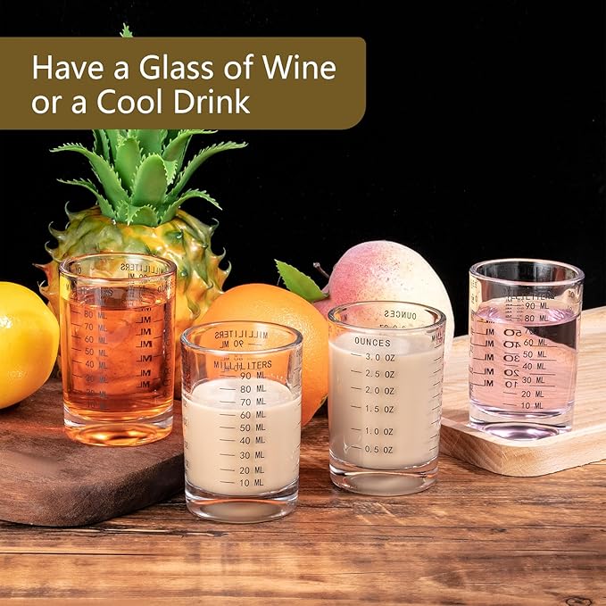 GLASKEY 2 Pack Shot Glass Measuring Cup Set,3 oz/90ML Liquid Heavy High Espresso Glass Cup,Dishwasher Safe,Measurement of Dry and Liquid Ingredients(Black)