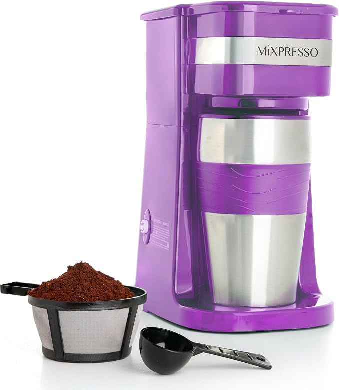 Mixpresso Single Serve & Single Cup Coffee Maker with 14oz Travel Mug | For ground coffee only, reusable filter, auto shut off. Compact personal drip coffee maker, not compatible with K-Cup pods. by Mixpresso