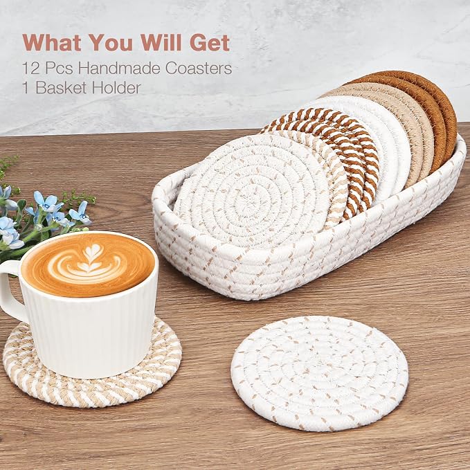 Coasters for Drinks, 12 Pack Coasters, Coaster Set of 6 Color, Suitable for Morhers Day, Gift for Mothers Day Best Choice, Mom Gifts, Brown + Basket, Dining Room Decor, Ditchen Table Decor - Image 5