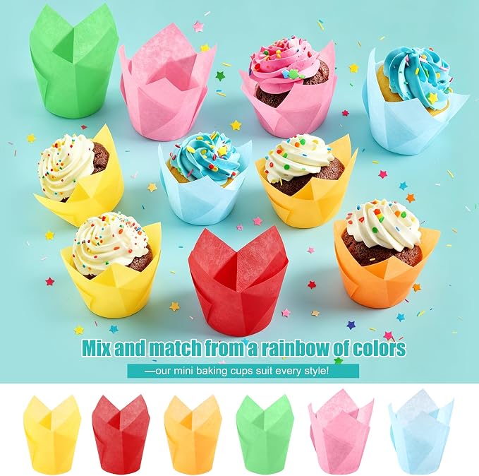 150 Pcs Mini Cupcake Liners Muffin Liners Baking Cups | Tulip Cupcake Liner for Baking Wedding, Birthday, Baby Shower Parties, 6 Colors - Image 4