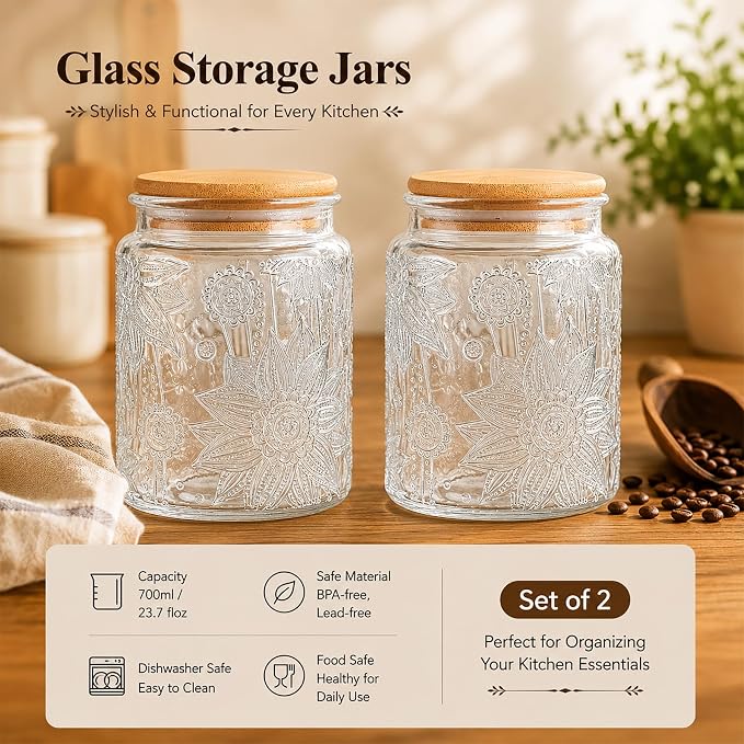 Vintage Glass Jar with Bamboo Lid, 23.7 FL oz - Airtight Decorative Food Storage Canisters for Kitchen Counter, Ideal for Candy, Sugar, Coffee, Cookies (Sunflower*2) - Image 2
