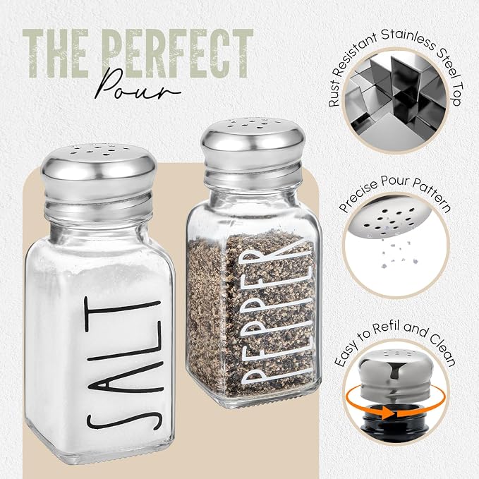 Clear Glass Salt and Pepper Shakers Set by Brighter Barns - Modern Kitchen Decor for Home Restaurant BBQ Camping RV - Farmhouse Kitchen Accessories - Glass Shakers & Stainless Steel Lids (Clear) - Image 3