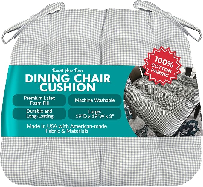 Barnett Home Decor Madrid Grey Dining Chair Pad with Ties - 19 x 19 Size Large Chair Cushion - Latex Foam Fill - Machine Washable, 100% Cotton, Made in USA (Gray Gingham) by BarnettHomeDecor