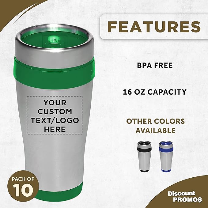 Custom Insulated Stainless Steel Travel Mugs 16 oz. Set of 10, Personalized Bulk Pack - Perfect for Coffee, Soda, Other Hot & Cold Beverages - Green