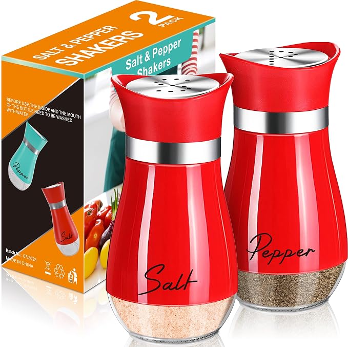 Salt and Pepper Shakers - 4 oz Red Glass Set with Stainless Steel Lids | Refillable Glass Shakers with Stainless Steel Lids Suit Cooking, Dining, RV Trips, Camping and BBQs, Adding Christmas Style. by ARROZON