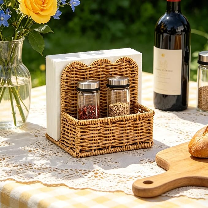 Plastic Rattan Scalloped Perimeter Napkin Holder for Table, Salt and Pepper Shakers Holder - Countertop Organizer for Rustic Room Decor (Without Salt, Pepper Shakers & Napkins) (Subdued Brown) - Image 5