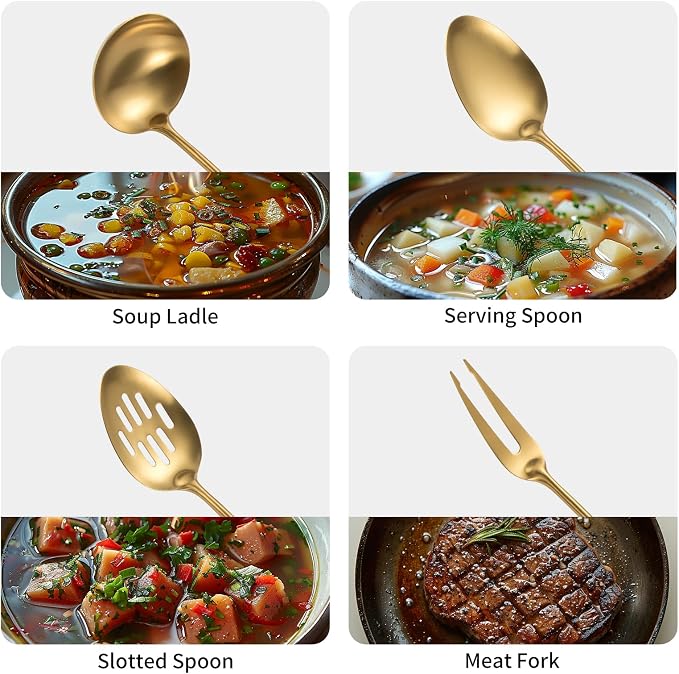 304 Stainlss Steel Matte Kitchen Utensils Set, 11 Pcs Long Metal Cooking Utensil Gadgets Tools Set with Spatula, Spoon, Ladle, Skimmer, Tunner, Pasta Server, Tongs(Gold, Dishwasher Safe) - Image 4