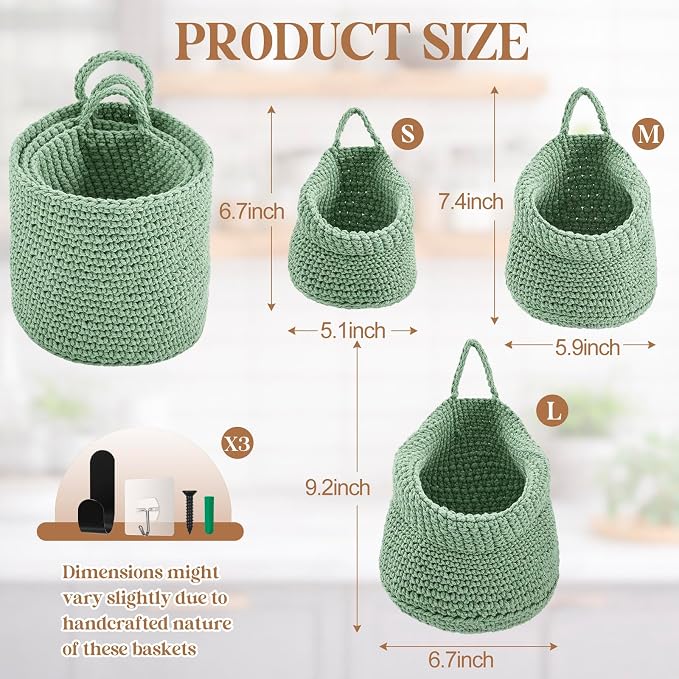 Honeydak Boho Decor Hanging Wall Baskets for Kitchen 3 Pack Teardrop Baskets with Hooks Storage Fruit Onion Vegetable Potato for Home 3 Sizes (Sage Green,Barrel,Cotton Rope) - Image 2