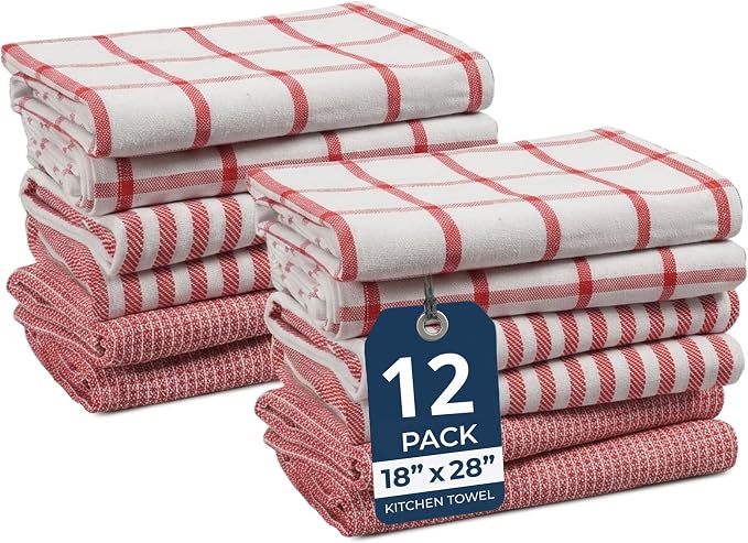 LANE LINEN Kitchen Towels Set of 12-100% Cotton, Quick-Drying 18” x 28” Absorbent Dish & Tea Towels, Premium Hand Towels for Drying Dishes - Christmas Red by LaneLinen