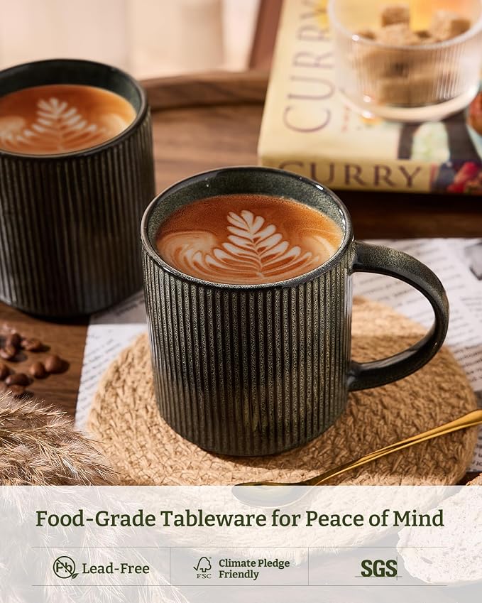 famiware Coffee Mug Set for 6, Star 16 oz Catering Mugs Cup Set with Handle for Coffee, Tea, Cocoa, Milk - Ceramic Stoneware Drinkware Set, Deep Forest - Image 2