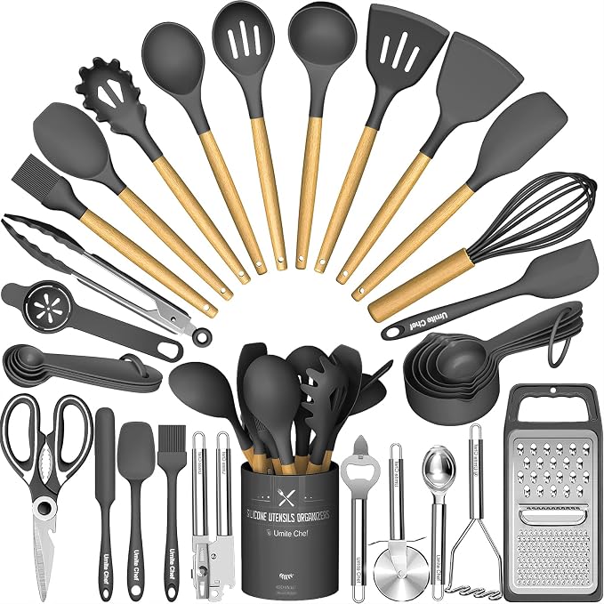 Umite Chef Silicone Kitchen Utensil Set, 34PCS Heat Resistant Kitchen Gadgets and Tools With Grater, Wood Handles for Nonstick Cookware (Dark Gray) by UmiteChef