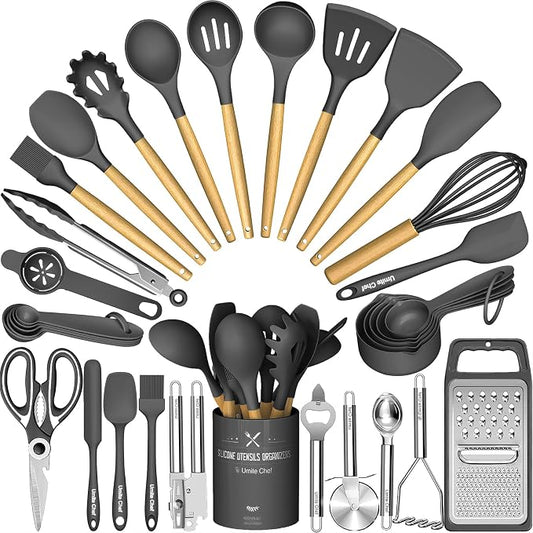Umite Chef Silicone Kitchen Utensil Set, 34PCS Heat Resistant Kitchen Gadgets and Tools With Grater, Wood Handles for Nonstick Cookware (Dark Gray) by UmiteChef
