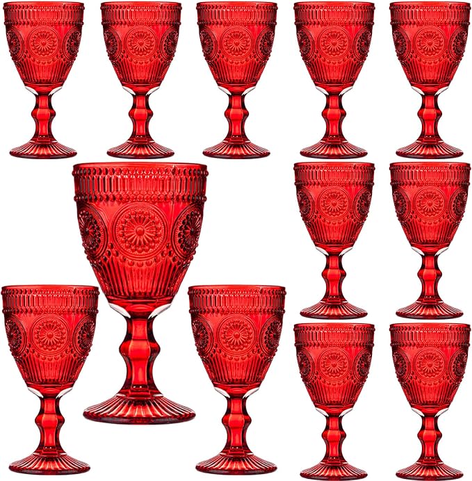 12 Pcs Red Vintage Wine Glasses Set, 10 Ounces Colored Glass Water Goblets, Unique Floral Embossed Pattern High Clear Stemmed Glassware Wedding Party Bar Drinking Cups Fancy Glasses Hand Wash Only by XKXKKE