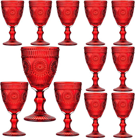 12 Pcs Red Vintage Wine Glasses Set, 10 Ounces Colored Glass Water Goblets, Unique Floral Embossed Pattern High Clear Stemmed Glassware Wedding Party Bar Drinking Cups Fancy Glasses Hand Wash Only by XKXKKE