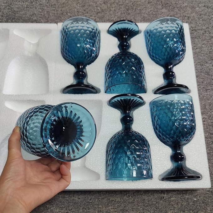 Taganov Blue Wine Glass Goblets set of 6 Vintage Glassware Colored Stemware 13.5 oz for Wedding Party Bar Housewarming Gift - Image 7