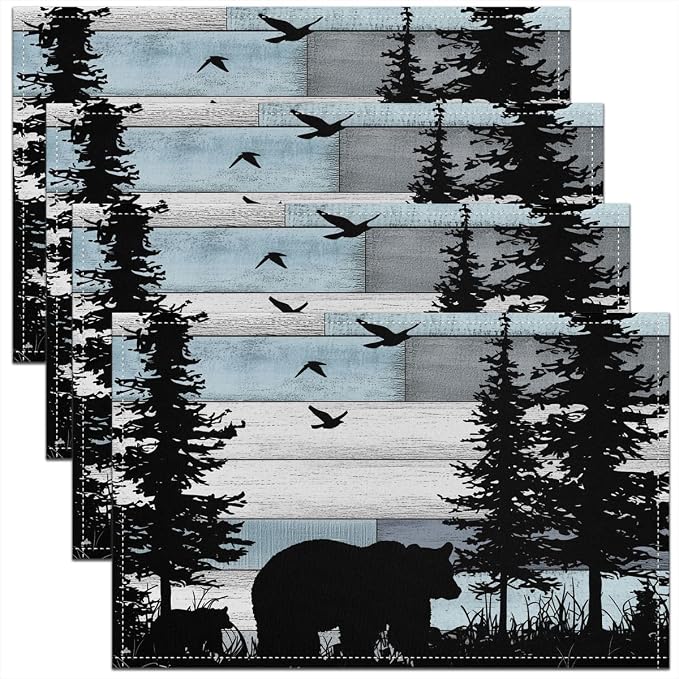 Feelyou Rustic Bear Placemats Set of 4 12x18 Inch Western Farmhouse Table Mats for Party Kitchen Dining Decoration Holiday Seasonal Cabin Country Lodge Down Place Mat for Dinner Table Indoor Outdoor by Feelyou
