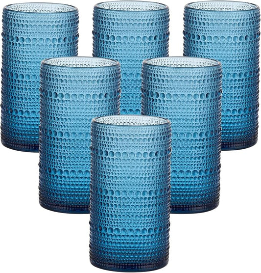 16oz Hobnail Drinking Glasses, Set of 6 Blue Tumblers | Vintage embossed large capacity highball glasses for water, cocktail, beer, whiskey, juice and bar use by Unknown