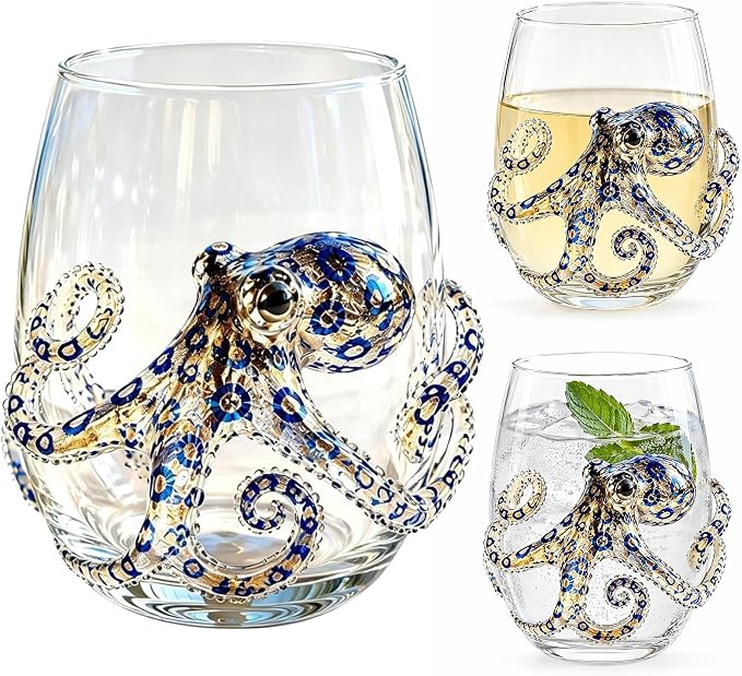 Ocean-Themed Blue Ringed Octopus Hand-Blown Glassware | Ocean-themed octopus glassware: hand-blown coastal stemless wine glasses for ocean lovers - Image 9