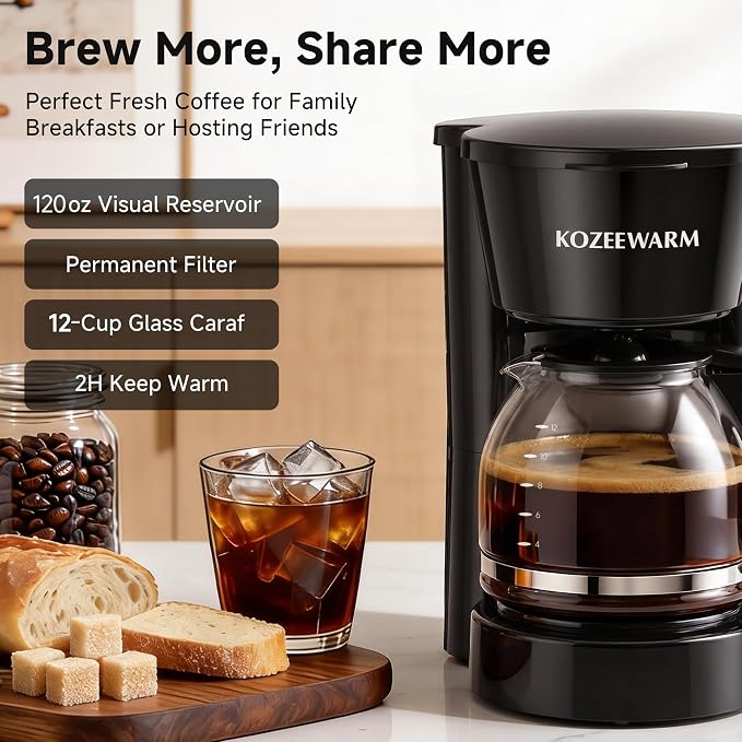 Coffee Maker, 12 Cup Drip Coffee Machine with Glass Carafe and Dry-boil&Overheat Protection for Travel Camping RV Office - Image 3