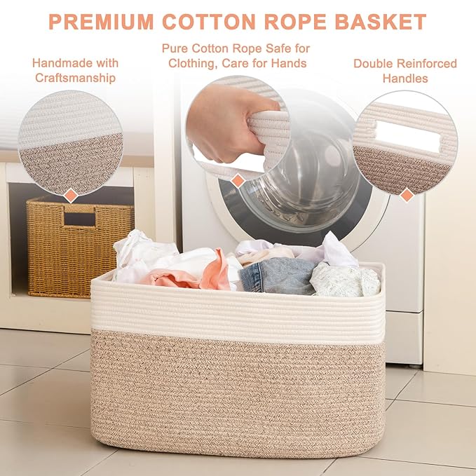 Extra Large Blanket Basket, Toy Basket Bin for Kids, Cotton Rope Woven Storage Basket for Living Room, Nursery, Baby Room Decorative Organizer, 24''×16''×15'', Brown & White