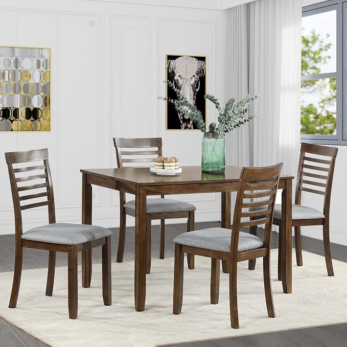 5-Piece Dining Table Set for 4, Kitchen Dining Table with 4 Soft Cushioned Solid Wood Chairs, Ideal for Home or Restaurant Use.(Walnut_Medium) by Augabam