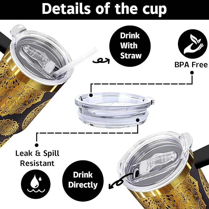 40 oz Bohemia Laser Engraving Tumbler With Handle With Lid Straw Double Insulated Travel Coffee Cup Boho Travel Accessories Must Have Gifts For Women