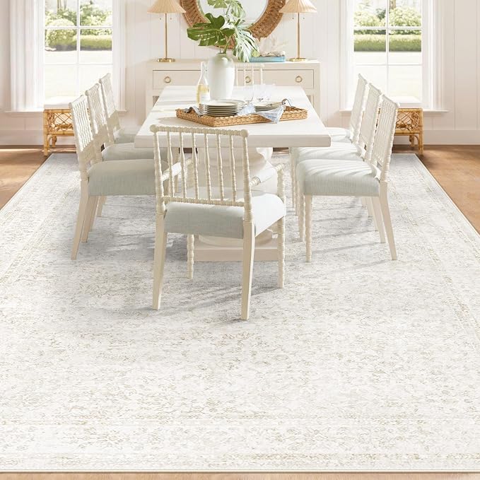 9x12 Area Rugs for Living Room: Washable Large Vintage Floral Rug Low Pile Non-Slip Boho Carpet for Bedroom Dining Home Office (Floral Beige, 9'x12') - Image 6