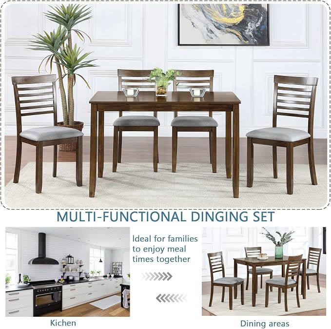 5-Piece Dining Table Set for 4, Kitchen Dining Table with 4 Soft Cushioned Solid Wood Chairs, Ideal for Home or Restaurant Use.(Walnut_Medium) - Image 7