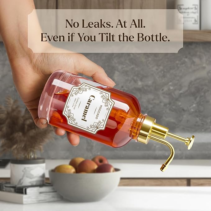 Glass Coffee Syrup Dispenser for Coffee Bar - Set of 2 Gold 500 ml / 16.9 oz Glass Syrup Bottles, Includes Bamboo Tray, 16 Stencils, Labels, Coffee Bar Accessories