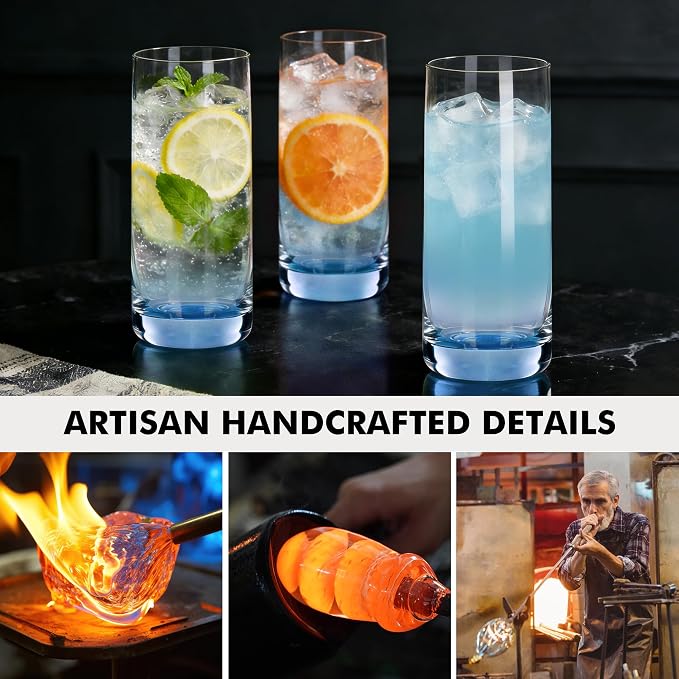 Blue Highball Glasses Set of 6,13oz Drinking Glass Cups for Mixed Drink Cocktail, Beer, Mojito, Water and Juice,Thick Tall Crystal Glassware for Kitchen, Restaurant, Home Bar and Parties - Image 7